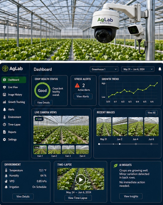 AgLab greenhouse camera and the AgLab AI Crop Monitoring dashboard showing crop health status, stress alerts, growth trend, live camera views, recent images, environment readings, and time-lapse.