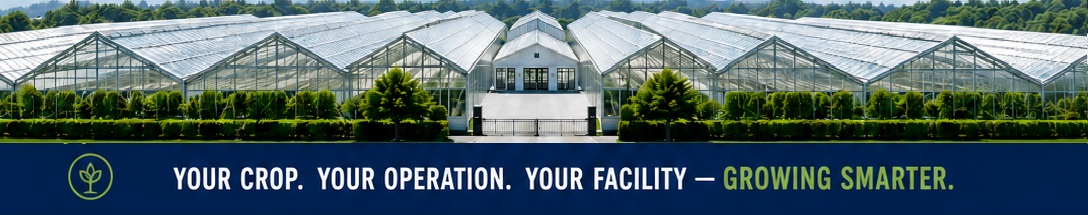 The AgLab Systems greenhouse campus in Watsonville, California, with the tagline: Your crop. Your operation. Your facility — Growing Smarter.